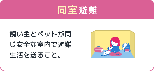 同室避難 飼い主とペットが同じ安全な室内で避難生活を送ること。