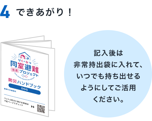 できあがり 記入後は非常持出袋に入れて、いつでも持ち出せるようにしてご活用ください。